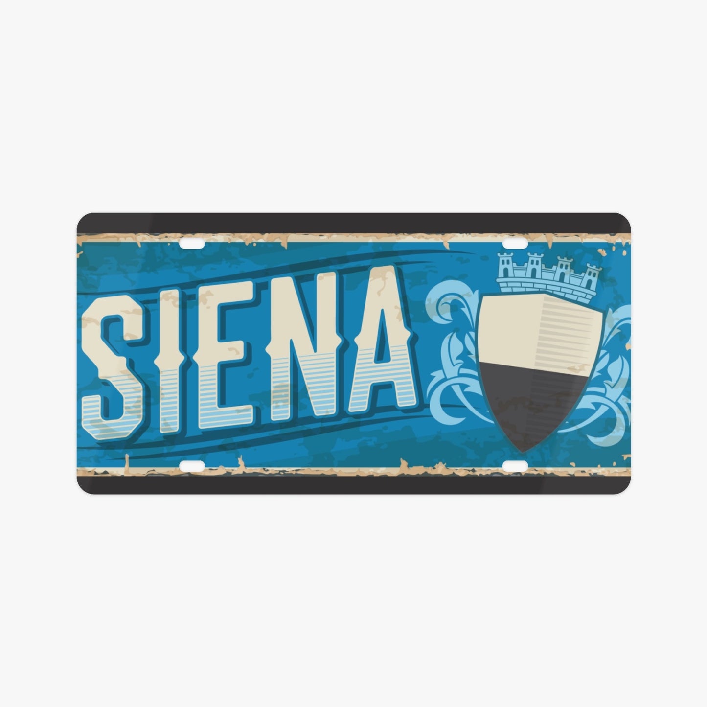 Siena License Plate Italian Style: A stylish aluminum license plate accessory, showcasing Italian elegance with a striking design, perfect for enhancing your car's aesthetic.
