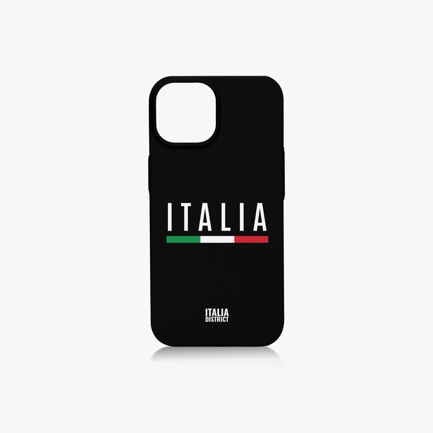 Italy Black Phone Case iPhone 15 with white text, featuring high-res UV printing, full coverage, and wide open lens area for seamless accessory compatibility.