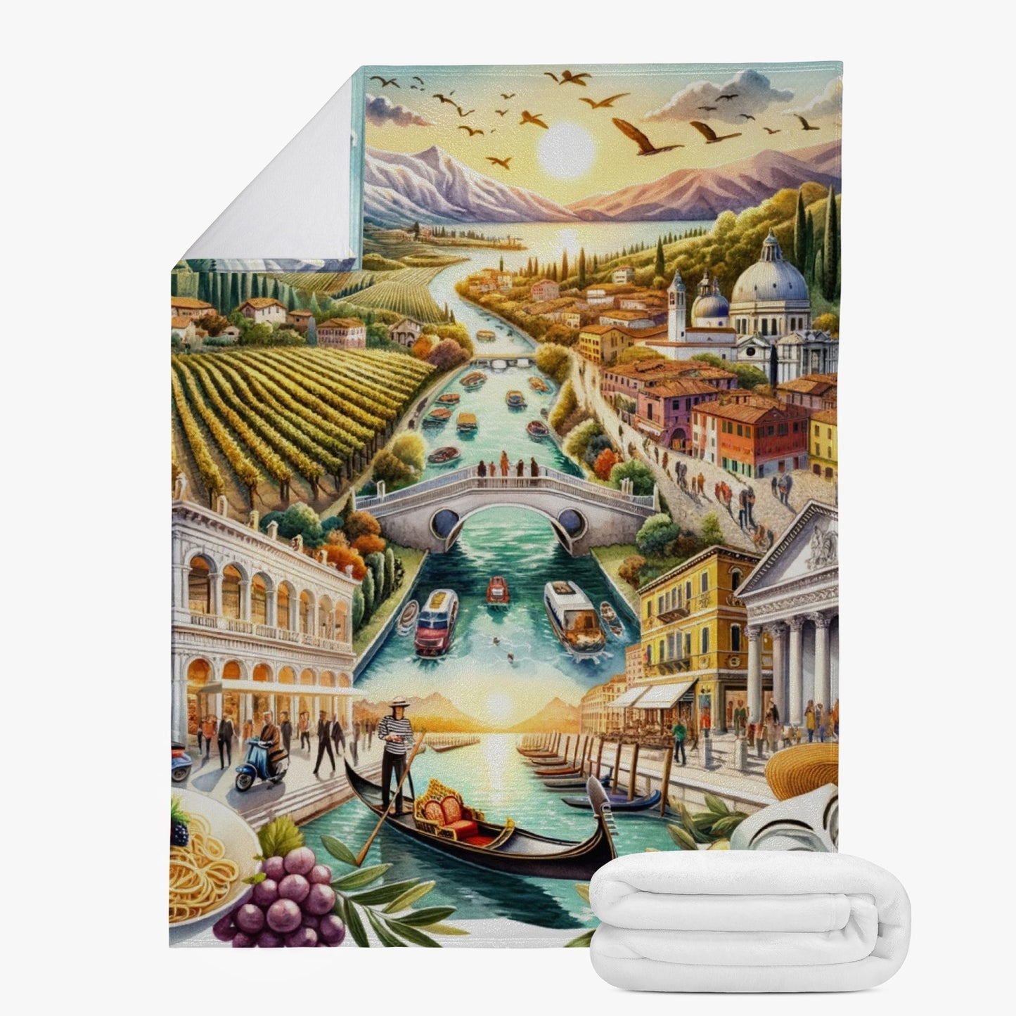 Italy Decor Fleece Blanket featuring a city and river design, crafted from premium suede polyester for warmth and comfort in indoor settings.