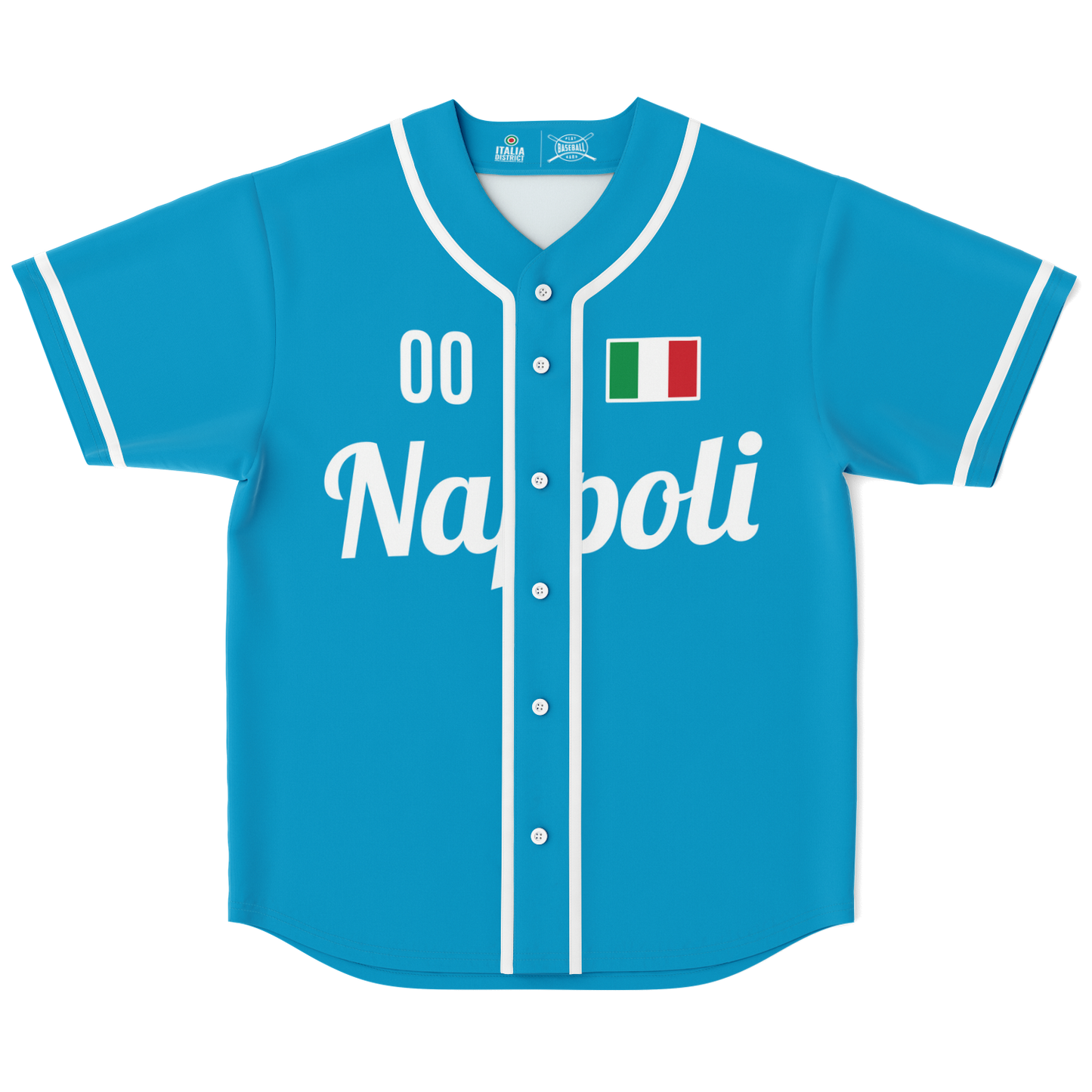 Napoli Baseball Jersey - Custom Name + Number, featuring a blue design with white text and an Italian flag, perfect for sports enthusiasts.