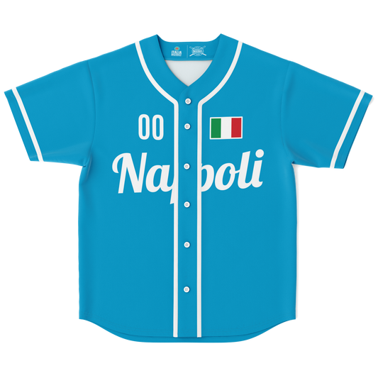 Napoli Baseball Jersey - Custom Name + Number, featuring a blue design with white text and an Italian flag, perfect for sports enthusiasts.