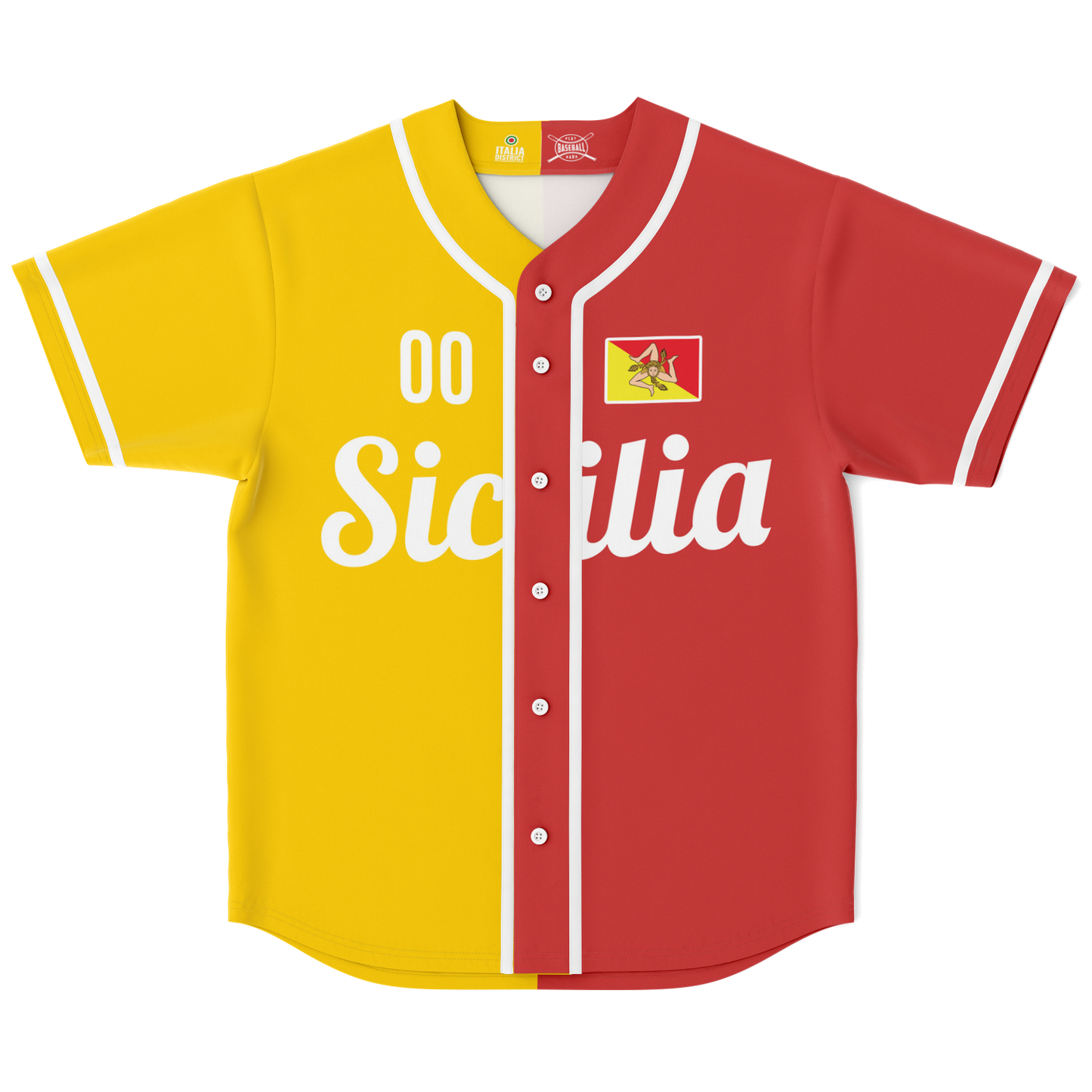 Sicily Baseball Jersey featuring customizable name and number, crafted from moisture-wicking polyester with a button front and rounded hem.