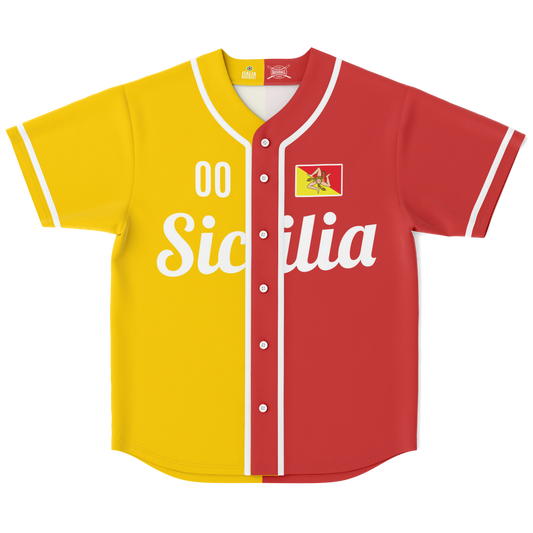 Sicily Baseball Jersey featuring customizable name and number, crafted from moisture-wicking polyester with a button front and rounded hem.