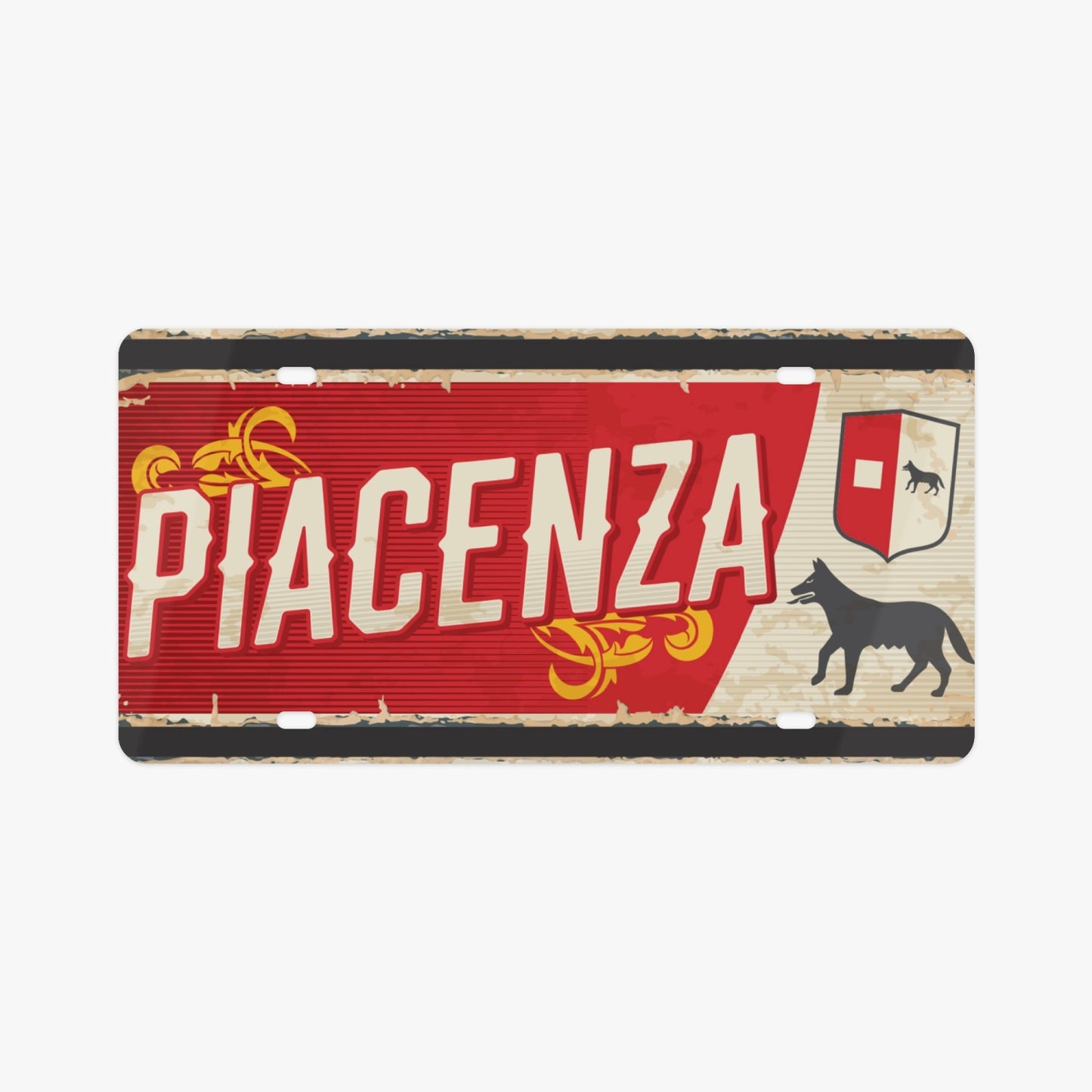 Piacenza License Plate Italian Style: Premium aluminum design featuring elegant black horse motifs, enhancing car aesthetics with Italian sophistication.