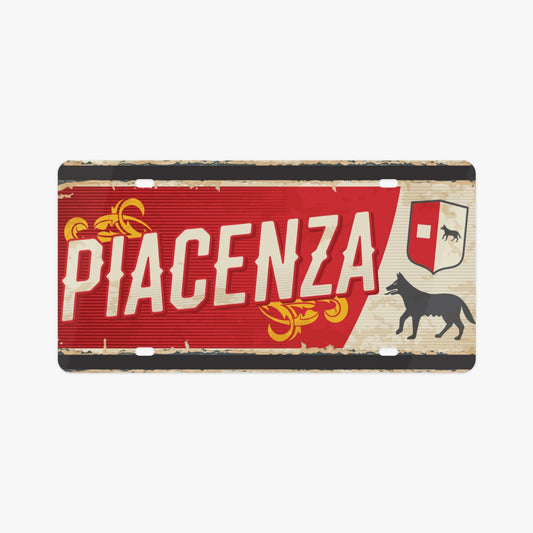 Piacenza License Plate Italian Style: Premium aluminum design featuring elegant black horse motifs, enhancing car aesthetics with Italian sophistication.