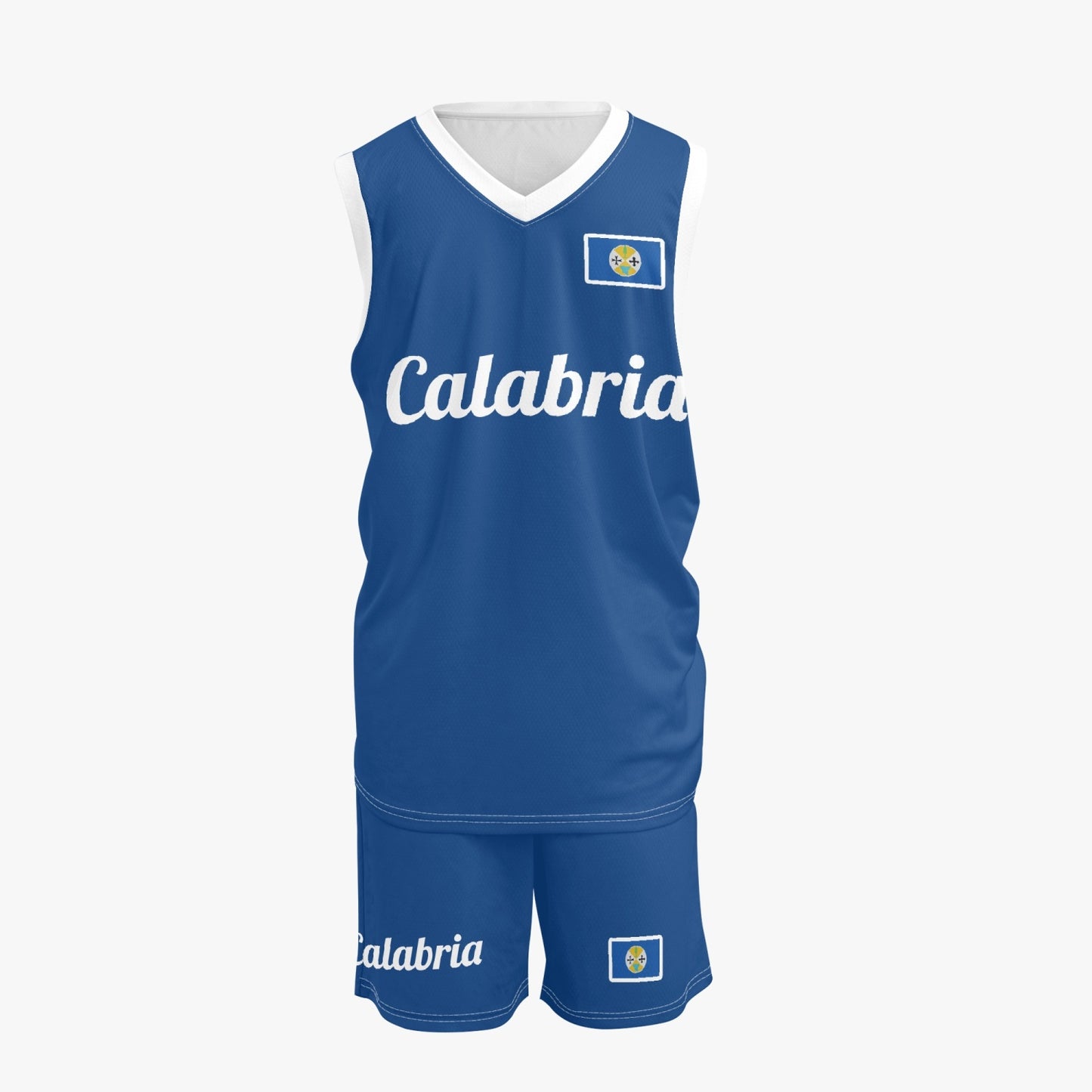 Calabria Basketball Jersey Set in blue, featuring breathable polyester with slim fit and V-neck, ideal for sports activities.