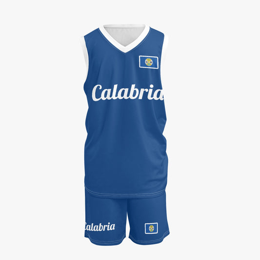 Calabria Basketball Jersey Set in blue, featuring breathable polyester with slim fit and V-neck, ideal for sports activities.
