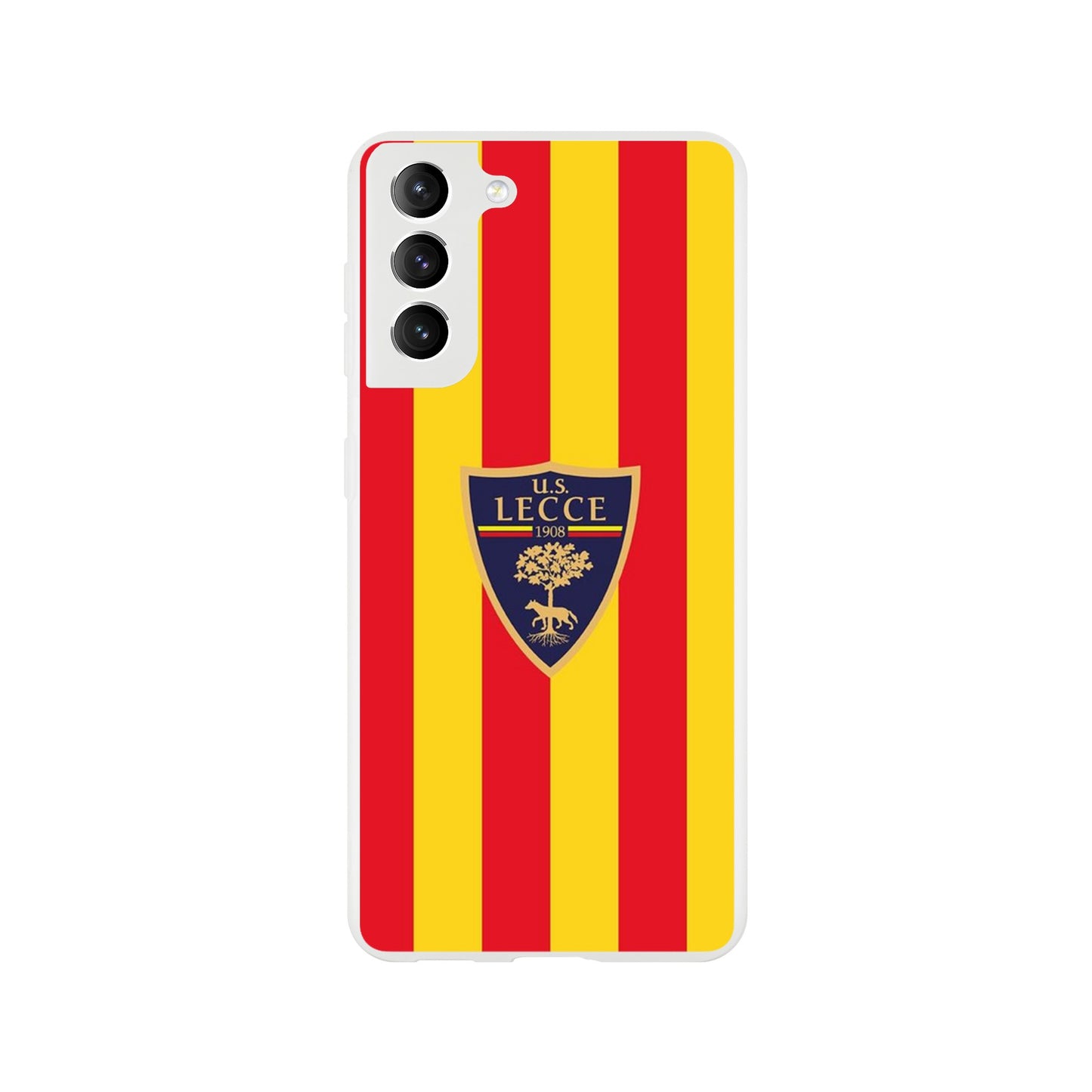 Flexi Case Lecce: Transparent phone case with precise openings, showcasing three camera lenses and a logo, offering impact resistance and wireless charging compatibility.