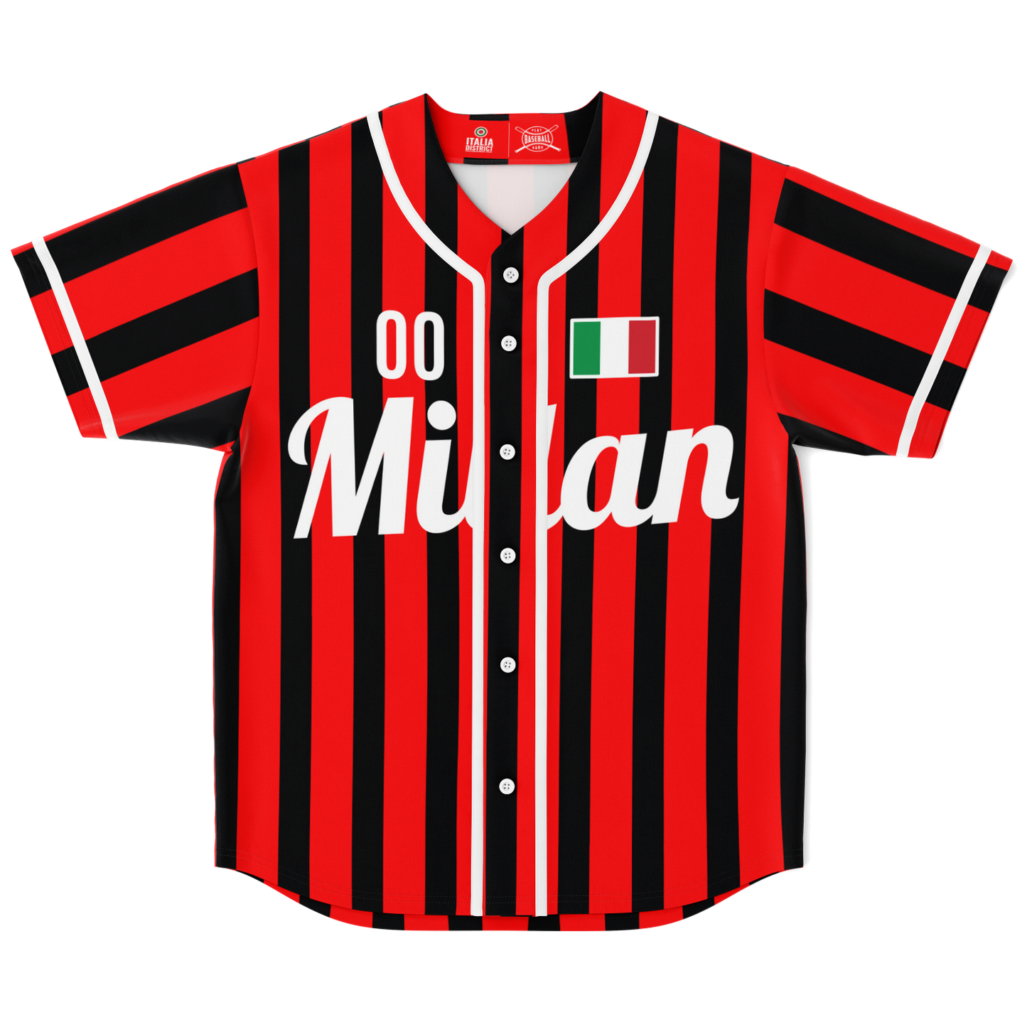 Milan Baseball Jersey - Custom Name + Number, featuring red and black stripes, button front closure, and moisture-wicking fabric for comfort and style.