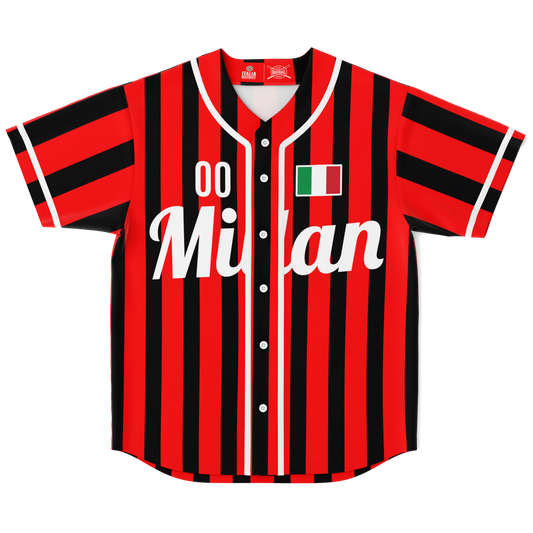 Milan Baseball Jersey - Custom Name + Number, featuring red and black stripes, button front closure, and moisture-wicking fabric for comfort and style.