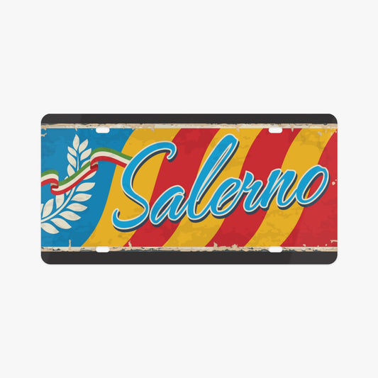 Salerno License Plate Italian Style: A premium aluminum accessory showcasing Italian elegance, designed to enhance your car's aesthetics with a luxurious touch.