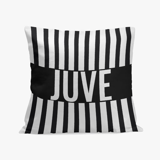 Juve Pillow Cover: Black and white striped design, high-quality polyester and cotton fabric, printed on one side with stitching closure.