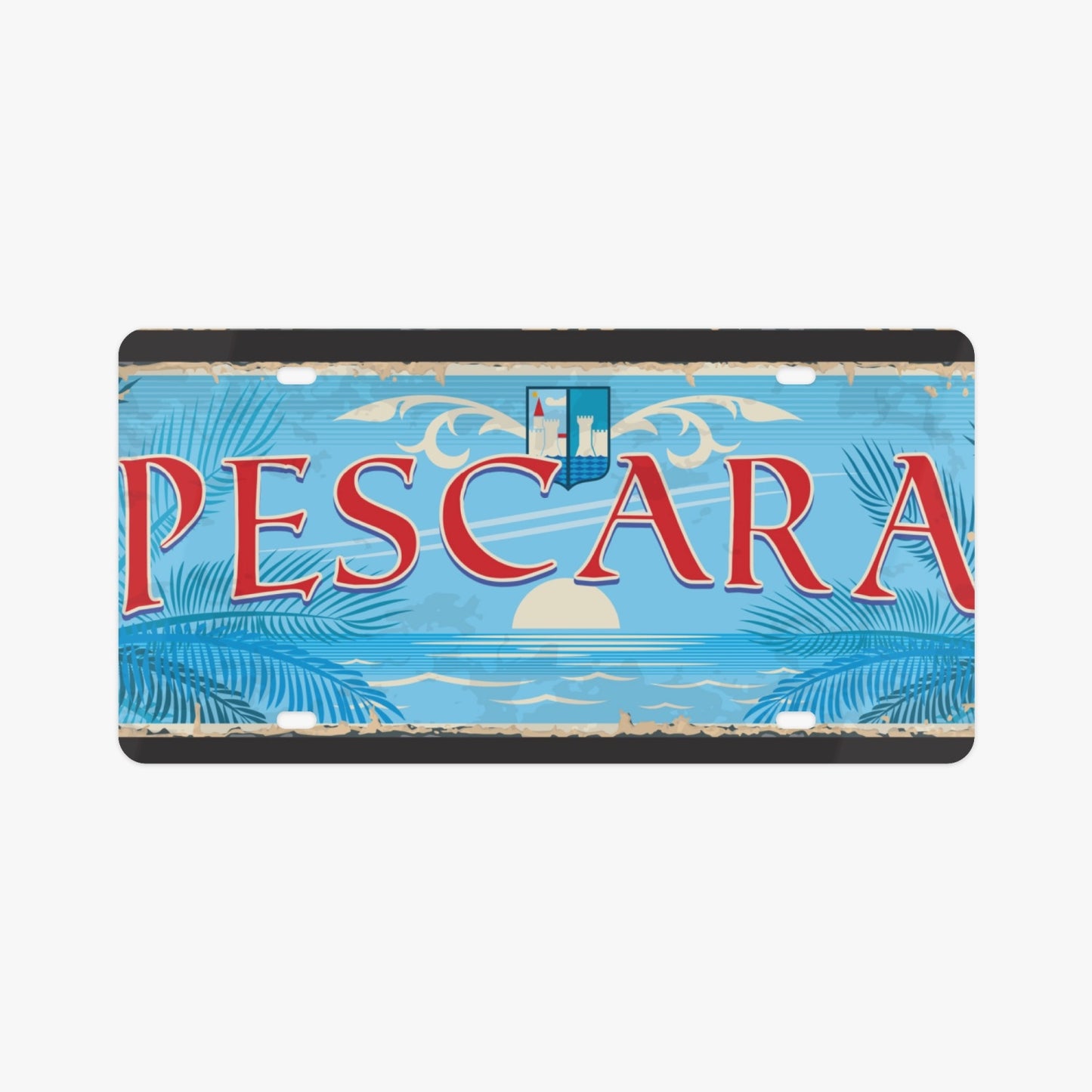 Pescara License Plate Italian Style features a beach scene with palm trees, embodying Italian elegance in premium aluminum for a stylish automotive accessory.