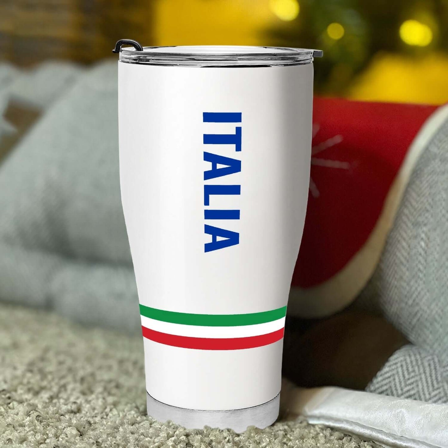 Italy Tumbler 30oz featuring sleek design and Italian colors, perfect for hot and cold drinks.