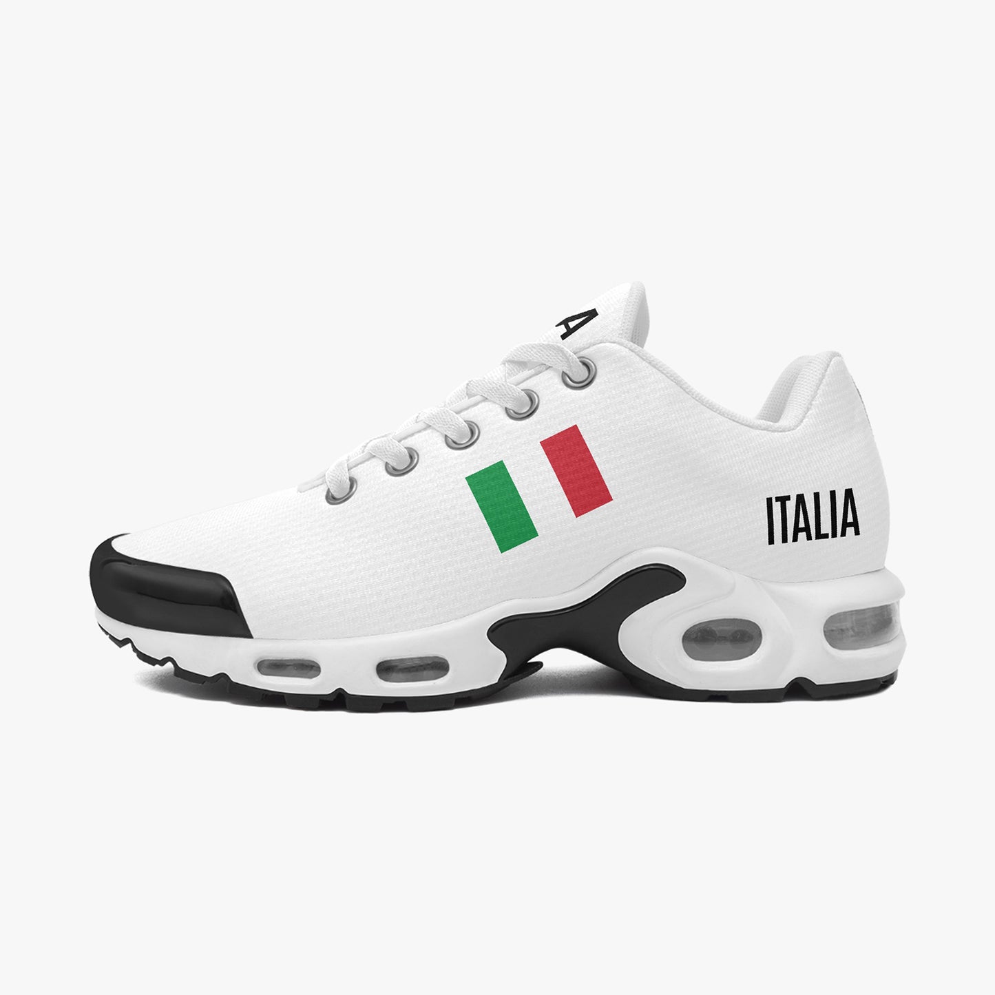 Italia Bounce Sneakers - White, featuring a sleek design with a green and red flag motif, offer lightweight comfort with enhanced cushioning and support for a responsive stride.
