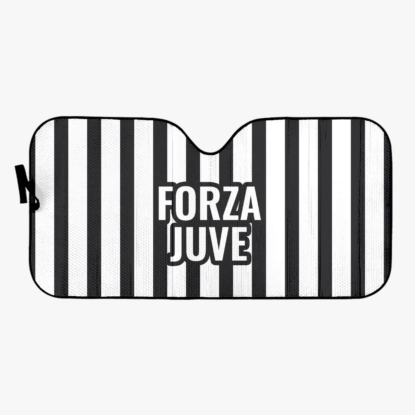 Forza Juve - Car Sun Shade featuring black and white stripes, protects against UV rays, reduces heat, and folds for easy storage. Suitable for most vehicles.