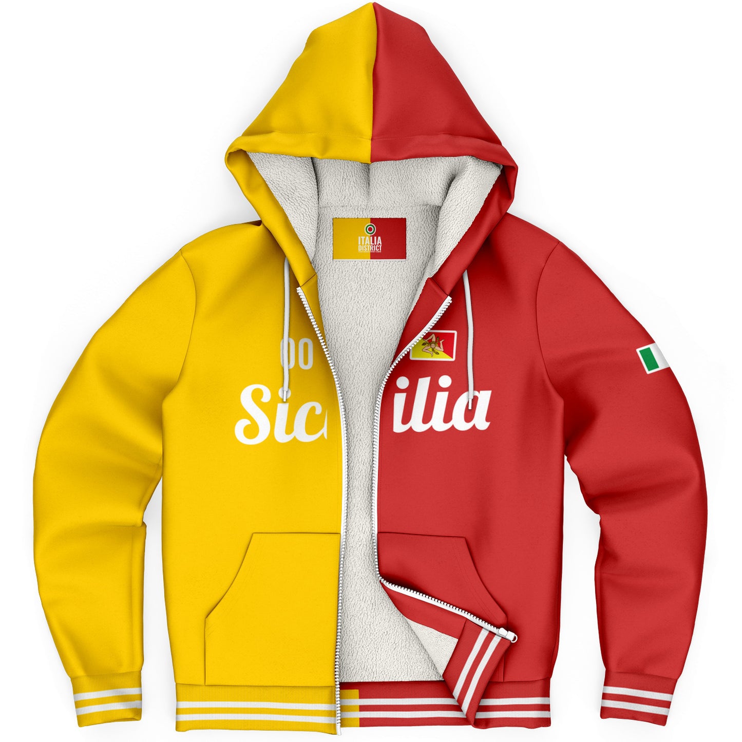 Sicily Microfleece Zip-Up Hoodie showcasing customizable name and number with a plush microfleece lining and durable nylon zipper for ultimate comfort.