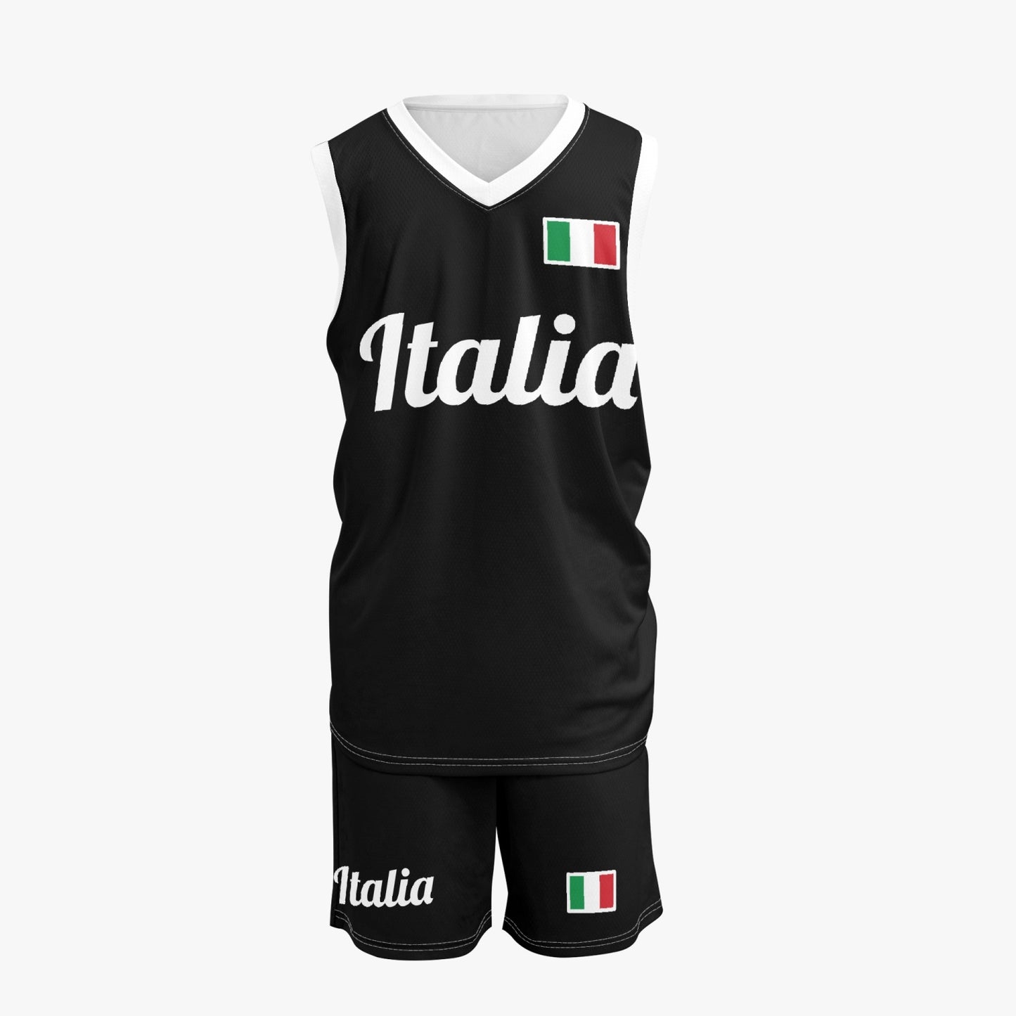 Italy Basketball Jersey Set - Black, featuring a sleeveless V-neck design with white text, lightweight polyester for comfort and breathability during sports activities.