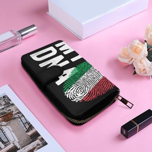 Italy It's in my DNA - Long Leather Wallet with fingerprint design, alongside perfume and white roses, highlighting its compact and on-the-go usability.
