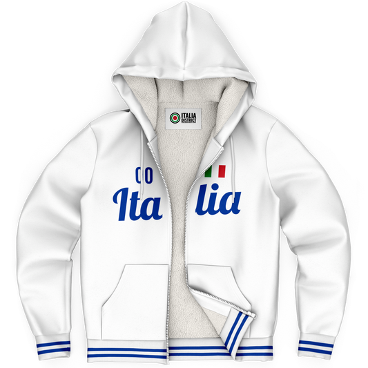 Italy White Microfleece Zip-Up Hoodie - Custom Name + Number, featuring a soft microfleece lining and durable nylon zipper, ideal for personalized comfort.
