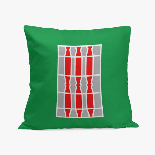 Umbria Pillow Cover featuring a red and grey design on green fabric, crafted from high-quality polyester and cotton with a stitching closure.