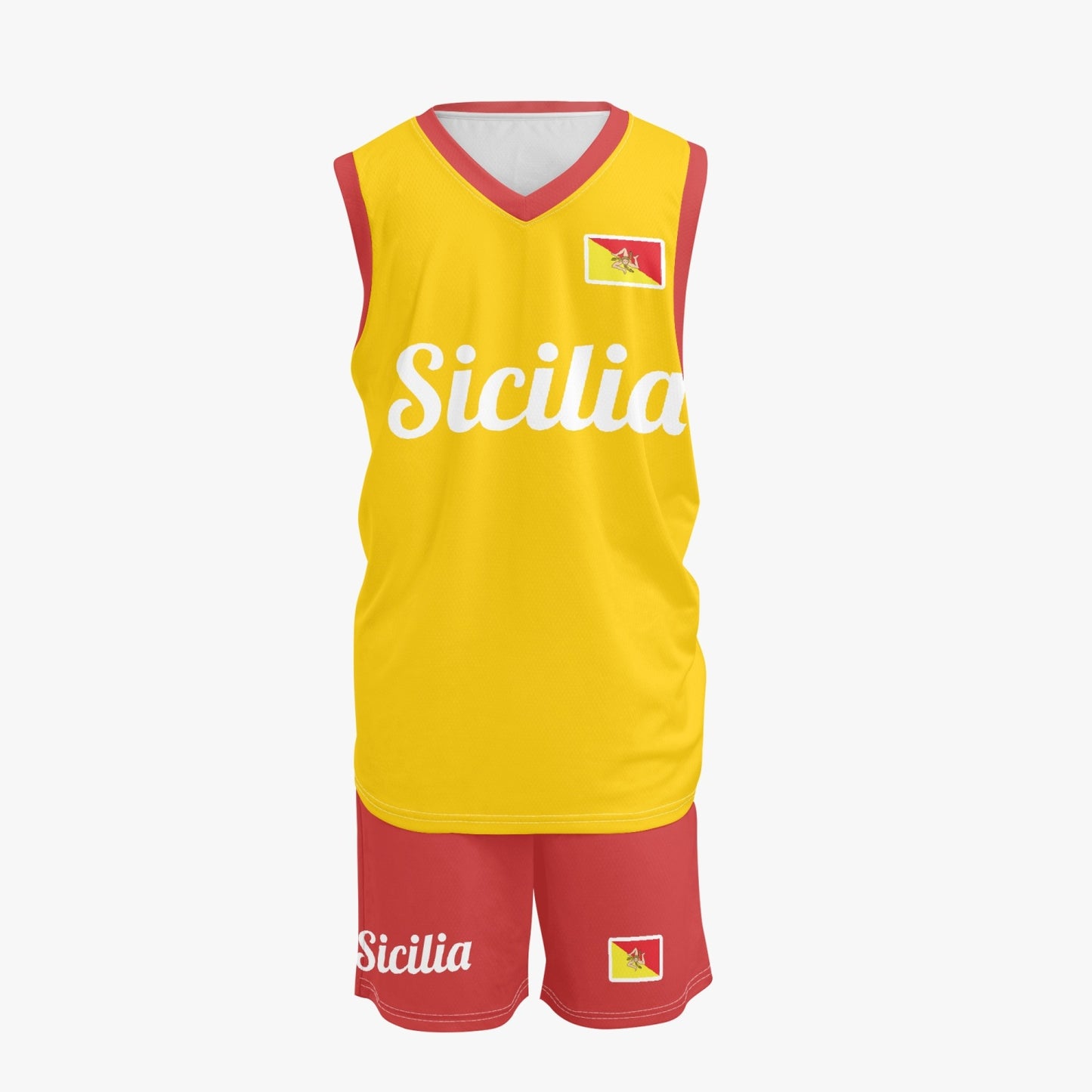 Sicilia Basketball Jersey Set featuring a yellow tank top and coordinating shorts, designed in breathable polyester for sports and daily wear.