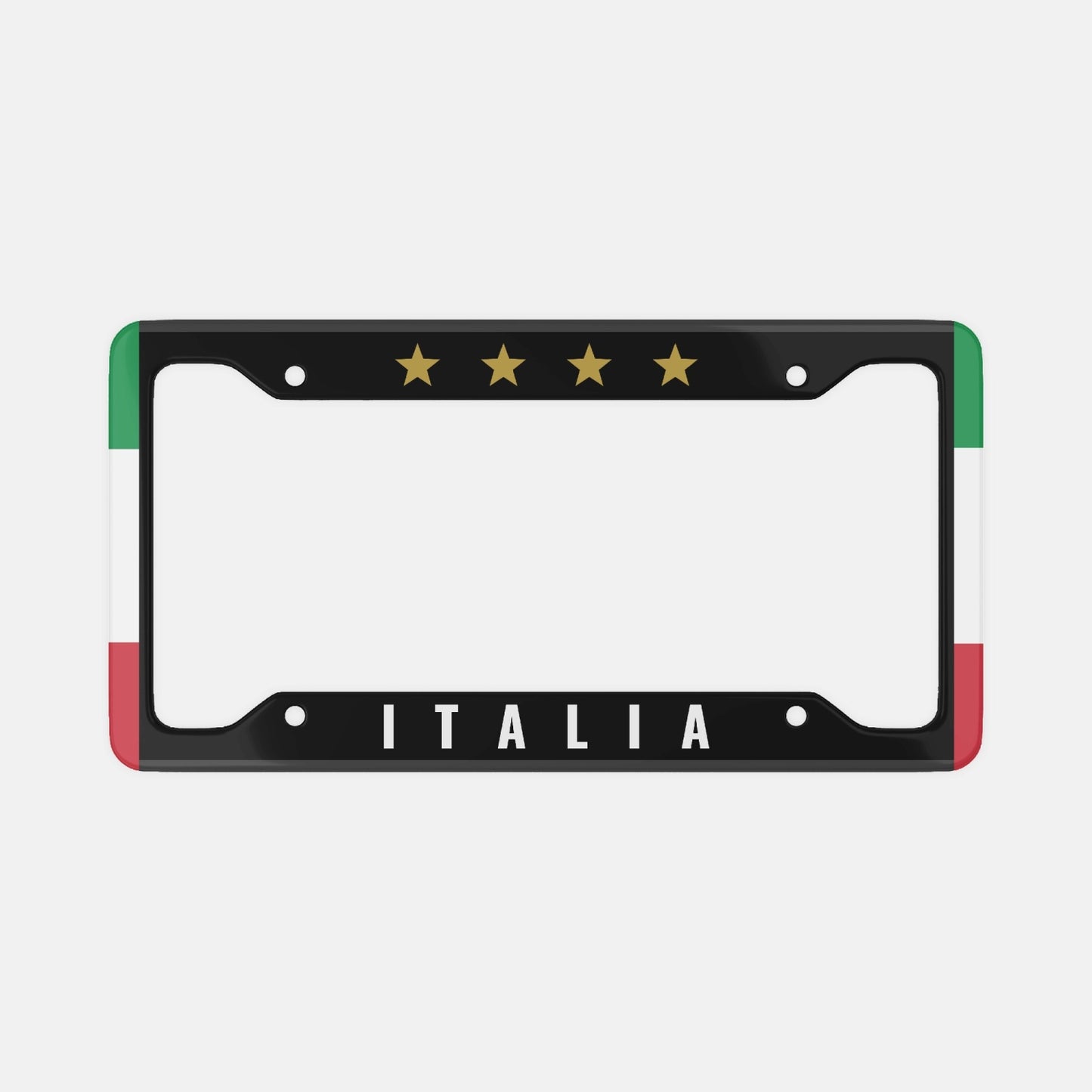 Italy 4 Stars Black - License Plate Frame, featuring a sleek aluminum design with a star motif, enhances car aesthetics and reflects luxurious Italian style.