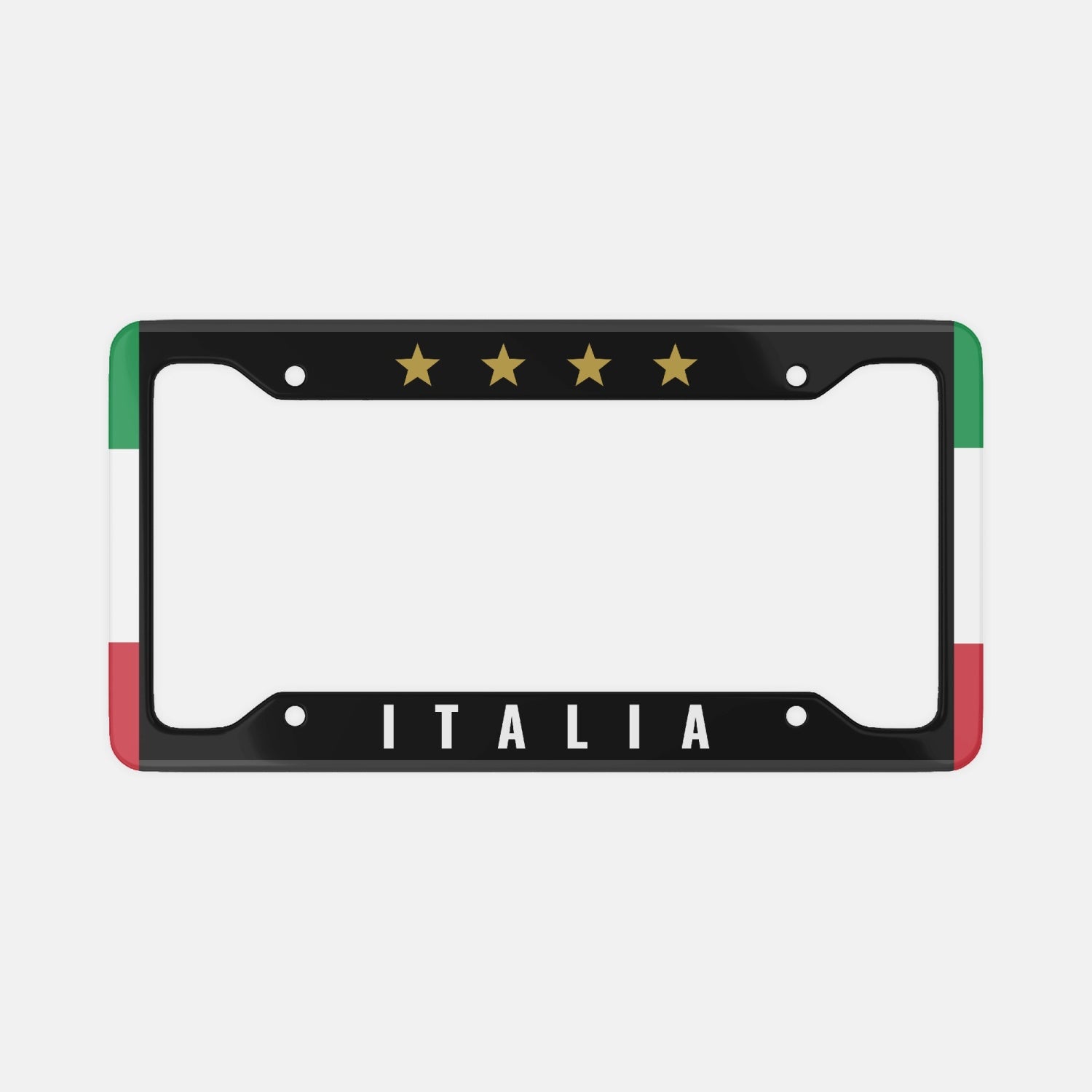 Italy 4 Stars Black - License Plate Frame, featuring a sleek aluminum design with a star motif, enhances car aesthetics and reflects luxurious Italian style.