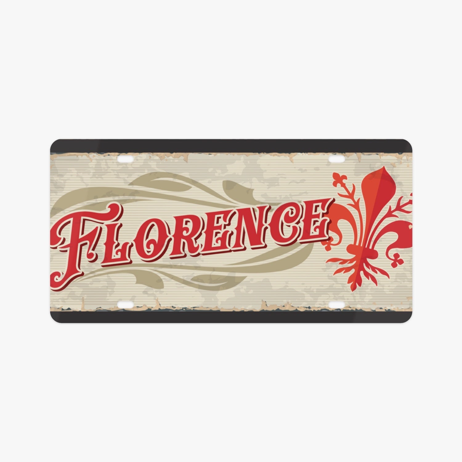 Florence License Plate Italian Style, featuring elegant red text and a fleur-de-lis design, crafted from premium aluminum for a stylish automotive accent.