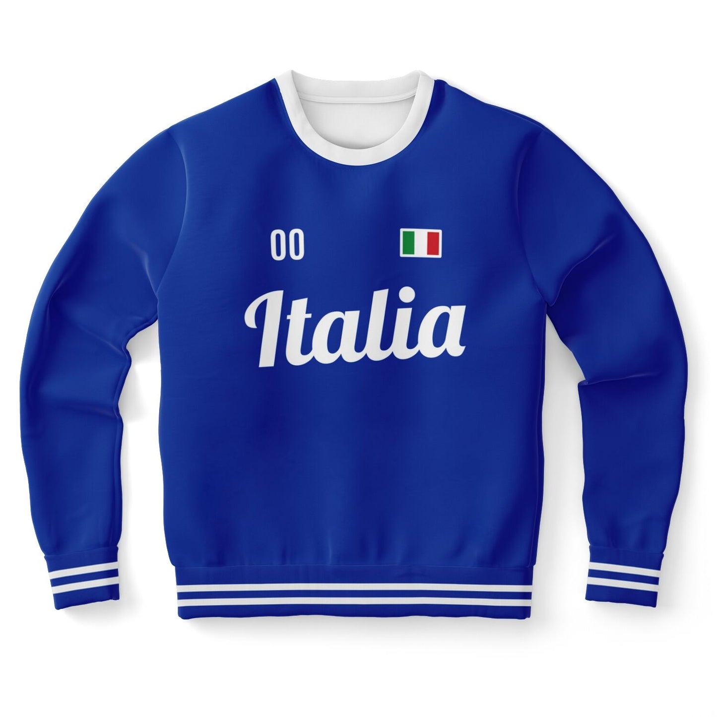 Italy Jersey Sweatshirt with custom name and number, featuring a blue design and white text, highlighting high-definition printing and Italian craftsmanship.