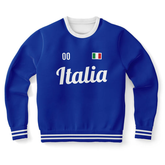 Italy Jersey Sweatshirt with custom name and number, featuring a blue design and white text, highlighting high-definition printing and Italian craftsmanship.