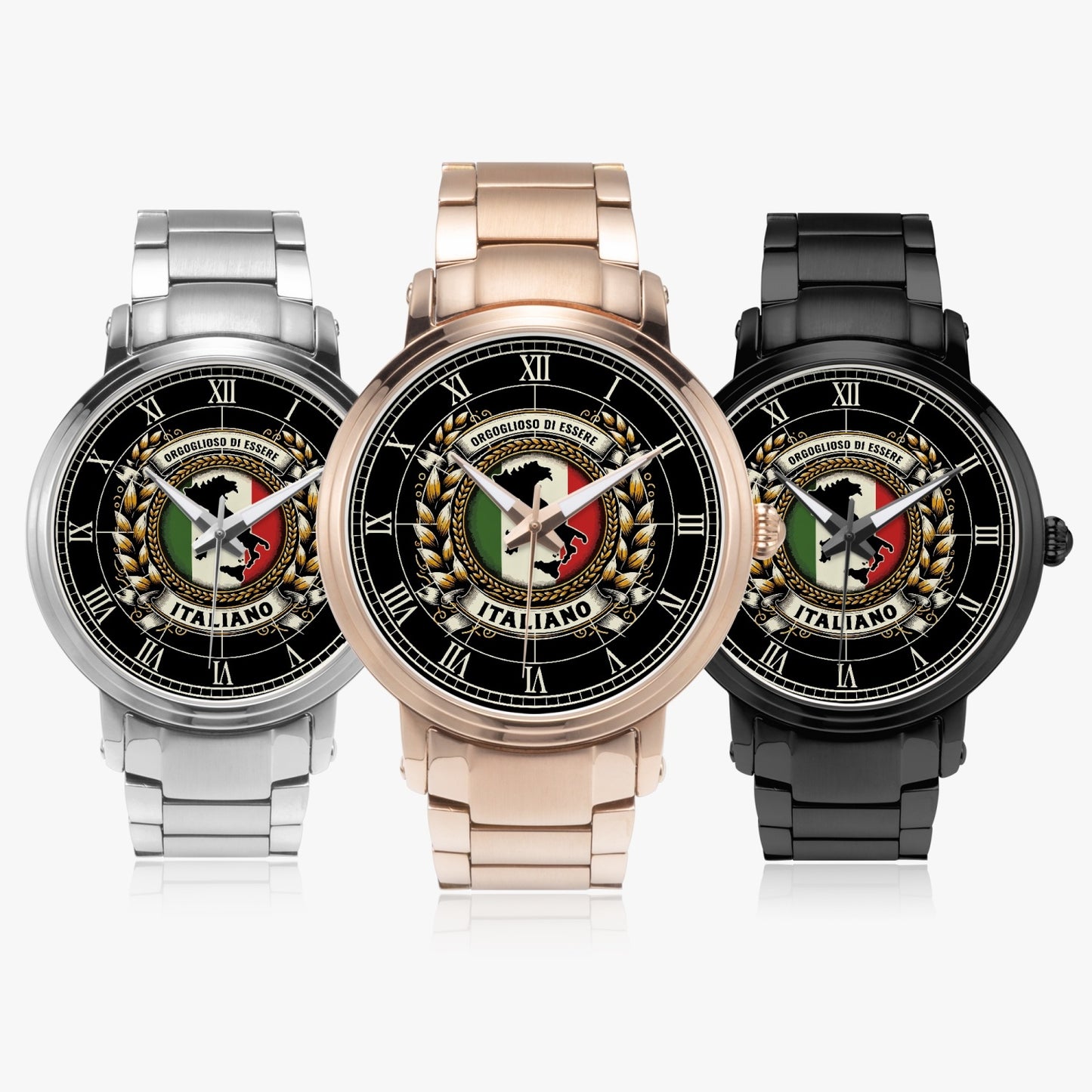 Orgoglioso di Essere Italiano - Automatic Watch Premium Stainless Steel, featuring a logo, detailed analog design, and folding clasp buckle, emphasizing Italian craftsmanship and elegance.