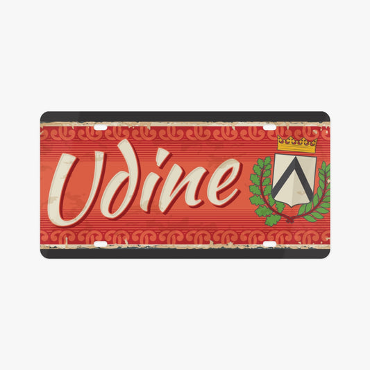 Udine License Plate Italian Style, featuring exquisite design on premium aluminum, enhancing car aesthetics with Italian elegance. Perfect for most license plates.