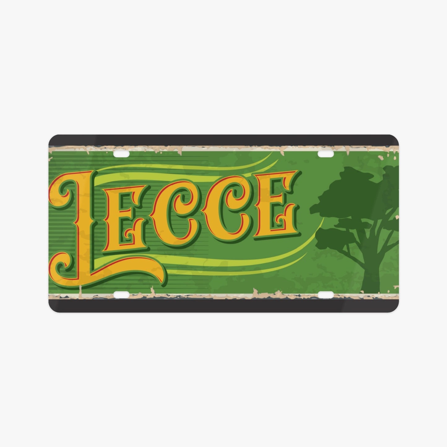 Lecce License Plate Italian Style accessory, featuring a green and yellow design, embodies Italian elegance and enhances your car's look with premium aluminum craftsmanship.