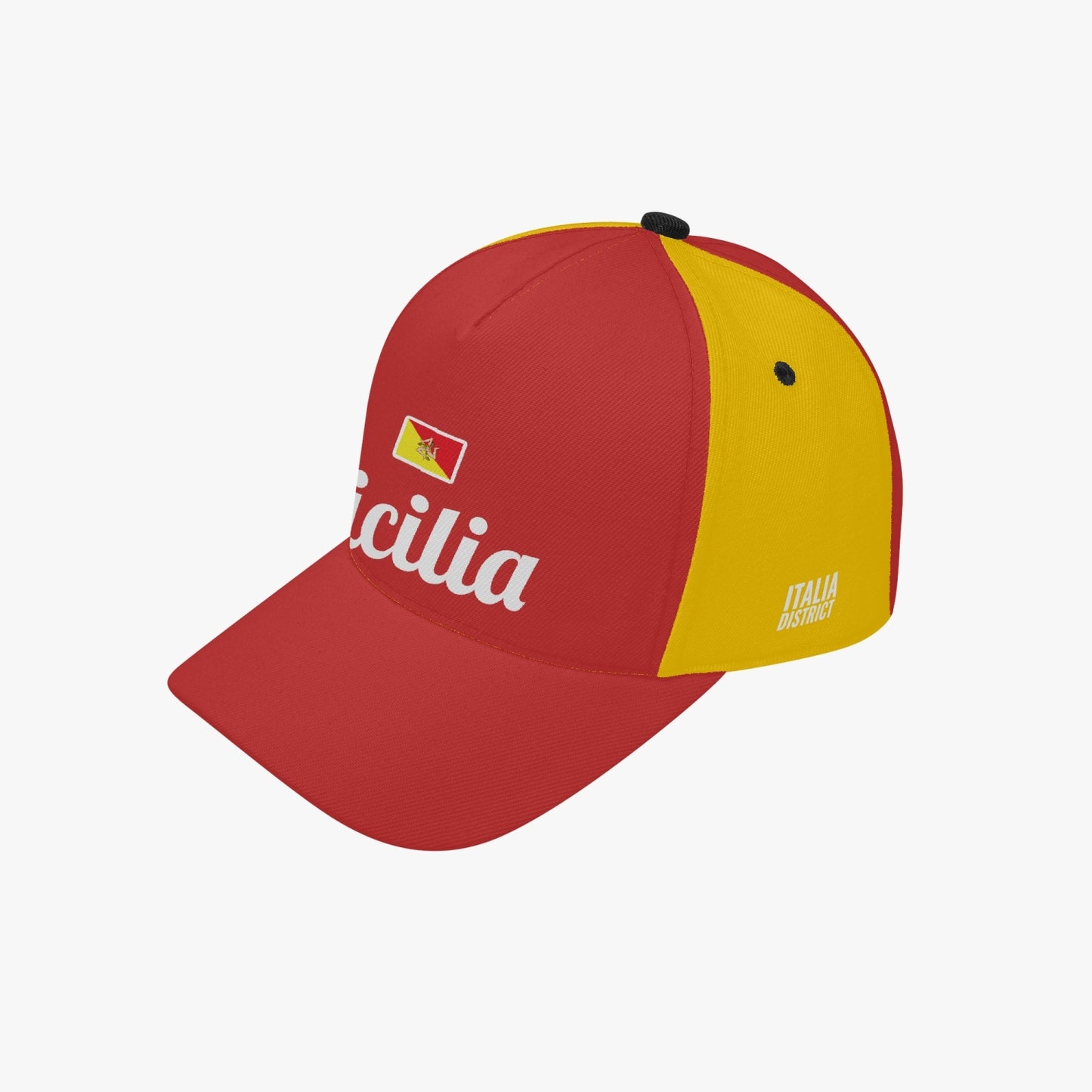 Sicily - Baseball Cap: Italian-inspired design, red and yellow, featuring a logo. Unisex, adjustable fit, crafted from durable canvas. Ideal for style and comfort.