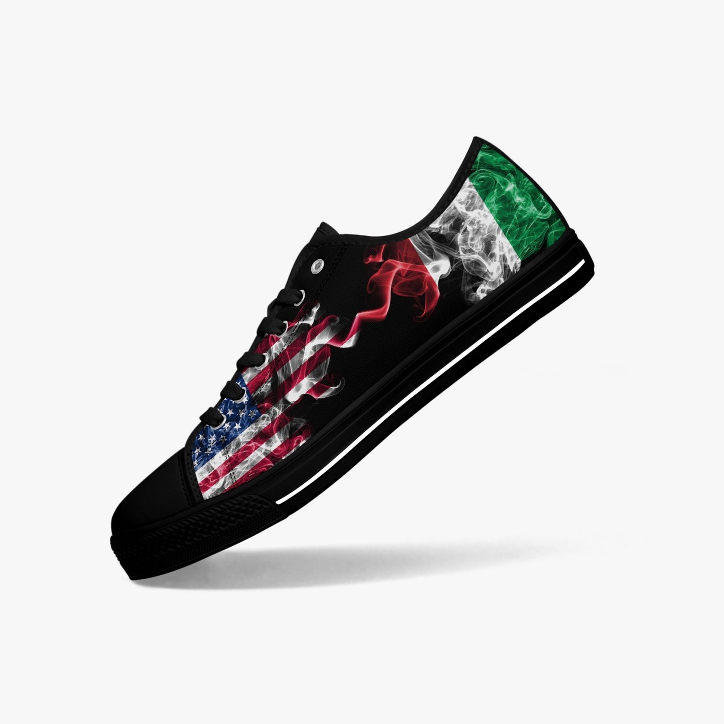 Low-Top Shoes - Italian American Flag design, showcasing a black sneaker with flag elements, featuring a rubber outsole, canvas upper, and lace-up closure.