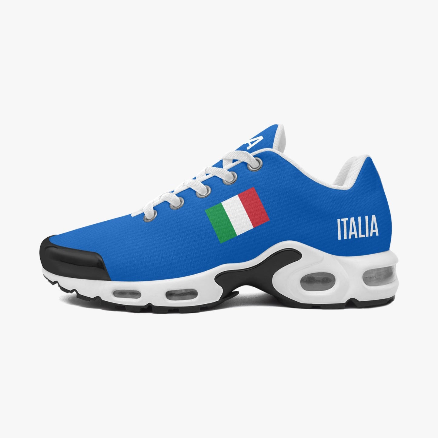 Italia Bounce Sneakers - Azure, featuring a blue and white design with a flag detail, offer lightweight cushioning and a mesh upper for enhanced comfort and responsiveness.