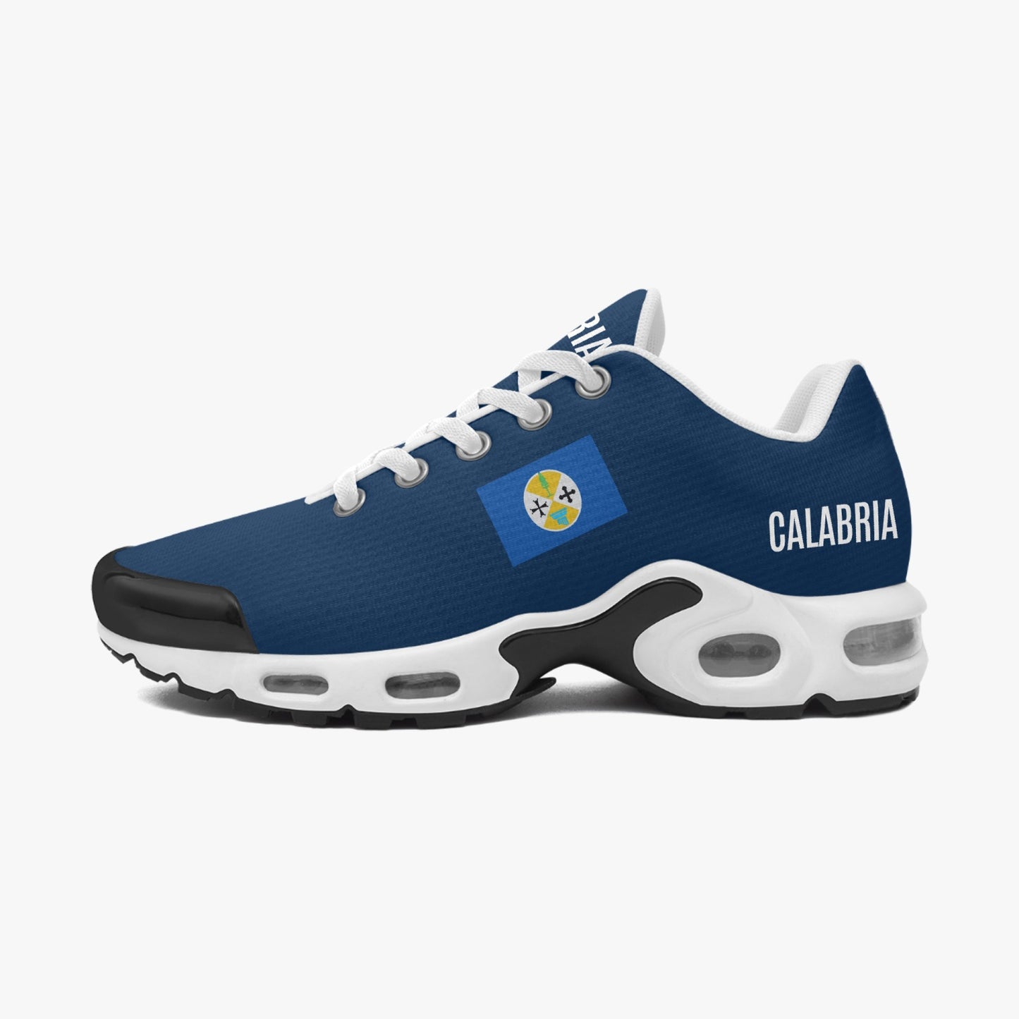 Calabria Bounce Sneakers: Blue and white tennis shoe featuring mesh upper, EVA padded insoles, designed for lightweight comfort and enhanced bounce with every step.