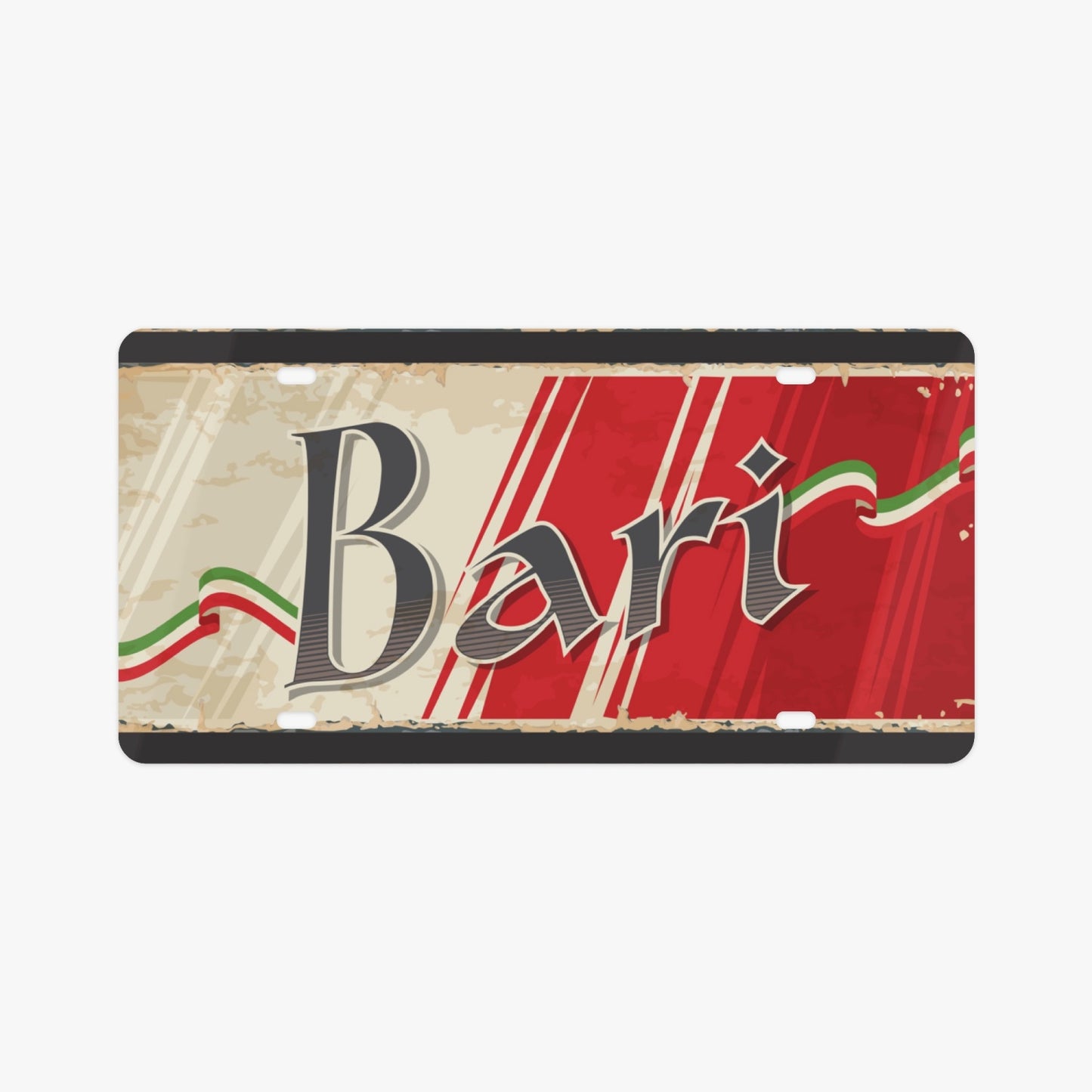 Bari License Plate Italian Style, featuring a sleek logo on premium aluminum, embodies Italian elegance and enhances your vehicle’s aesthetic with superior design.