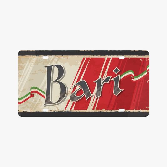Bari License Plate Italian Style, featuring a sleek logo on premium aluminum, embodies Italian elegance and enhances your vehicle’s aesthetic with superior design.