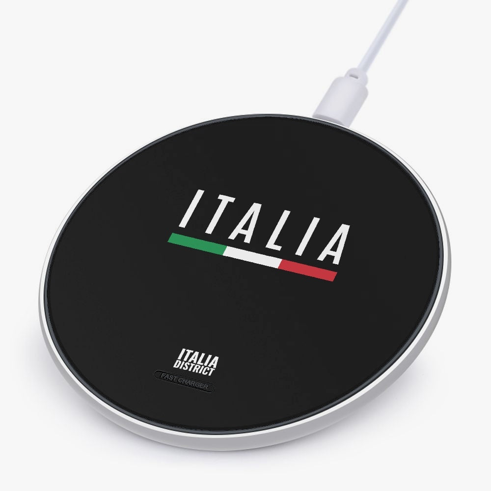 Italy Black Line - 10W Wireless Charger features a sleek black design with a white cord, showcasing a circular logo, blending style and functionality.