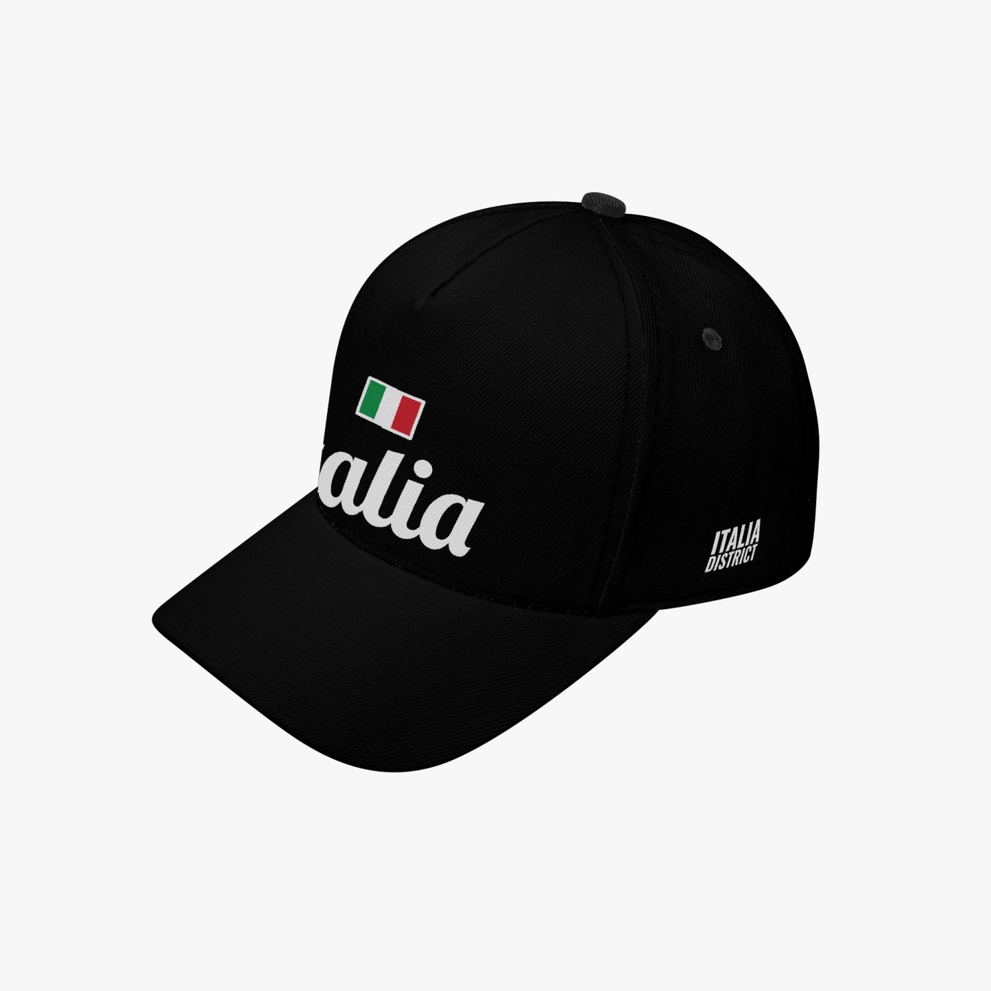 Black Italy Baseball Cap with white text, featuring a structured fit and adjustable closure, perfect for showcasing Italian style and cultural pride.