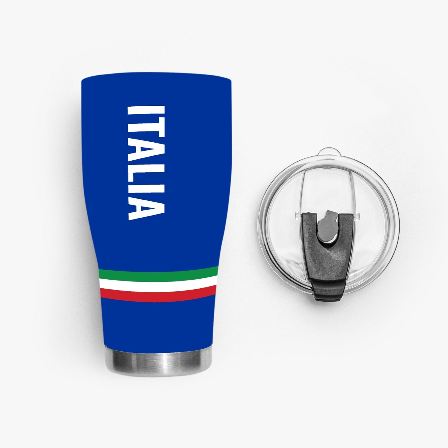 Italy Navy Tumbler 30oz with eco-friendly Tritan lid and stainless steel body, ideal for maintaining beverage temperature, showcasing sleek design.