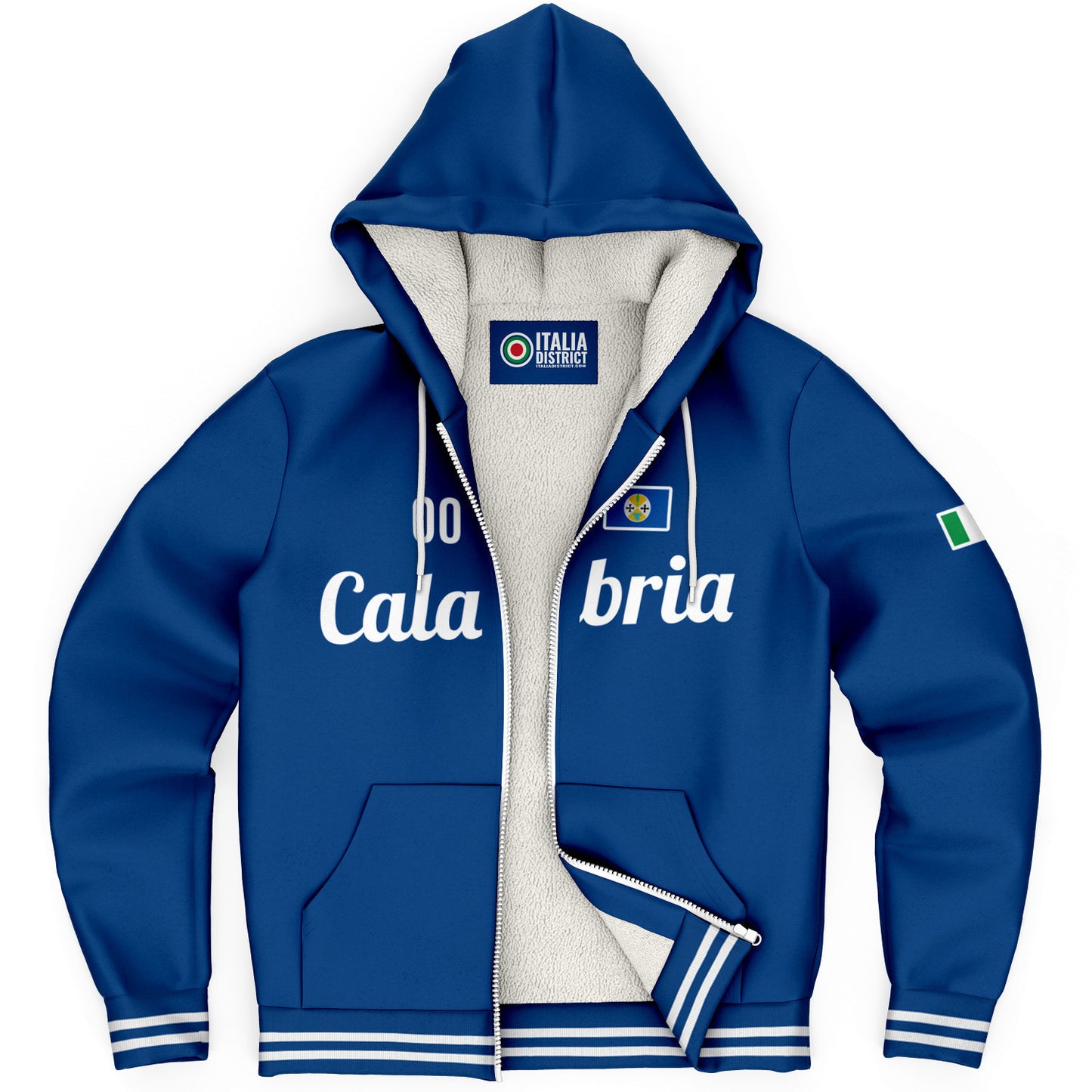 Calabria Microfleece Zip-Up Hoodie featuring customizable name and number, soft microfleece lining, nylon zipper, and vibrant print for warmth and style.