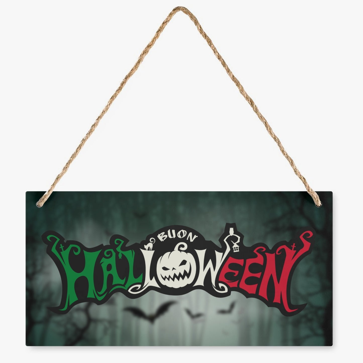 Buon Halloween Door Plaque with pumpkin and bats design, crafted from wood, measuring 9.8''x4.9''. Features a 16.9'' rope for hanging.