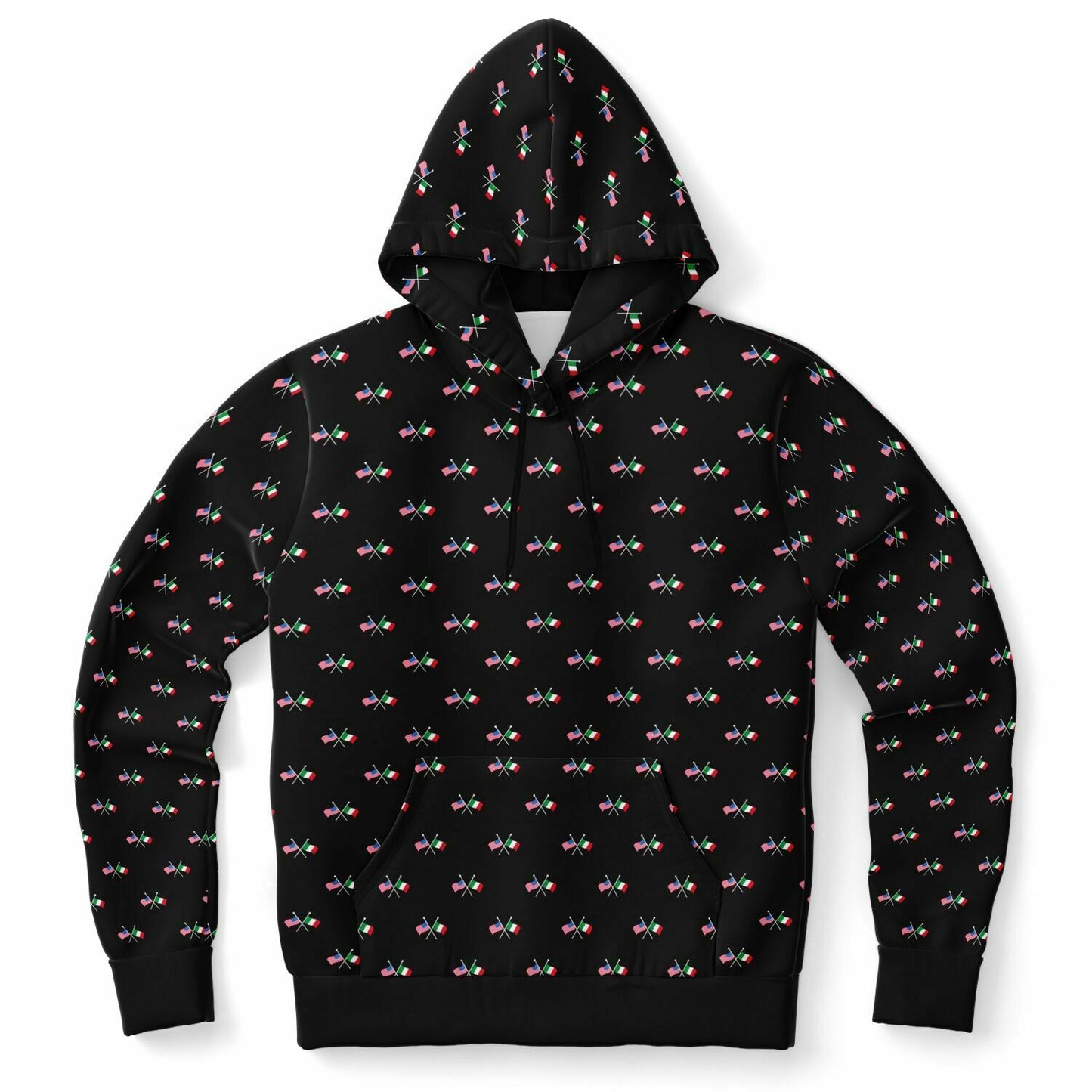 Hoodie featuring Italian and American flag pattern, crafted from polyester/spandex blend with high-definition print, includes kangaroo pocket and double-layer hood.