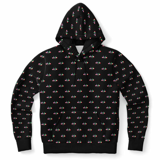 Hoodie featuring Italian and American flag pattern, crafted from polyester/spandex blend with high-definition print, includes kangaroo pocket and double-layer hood.