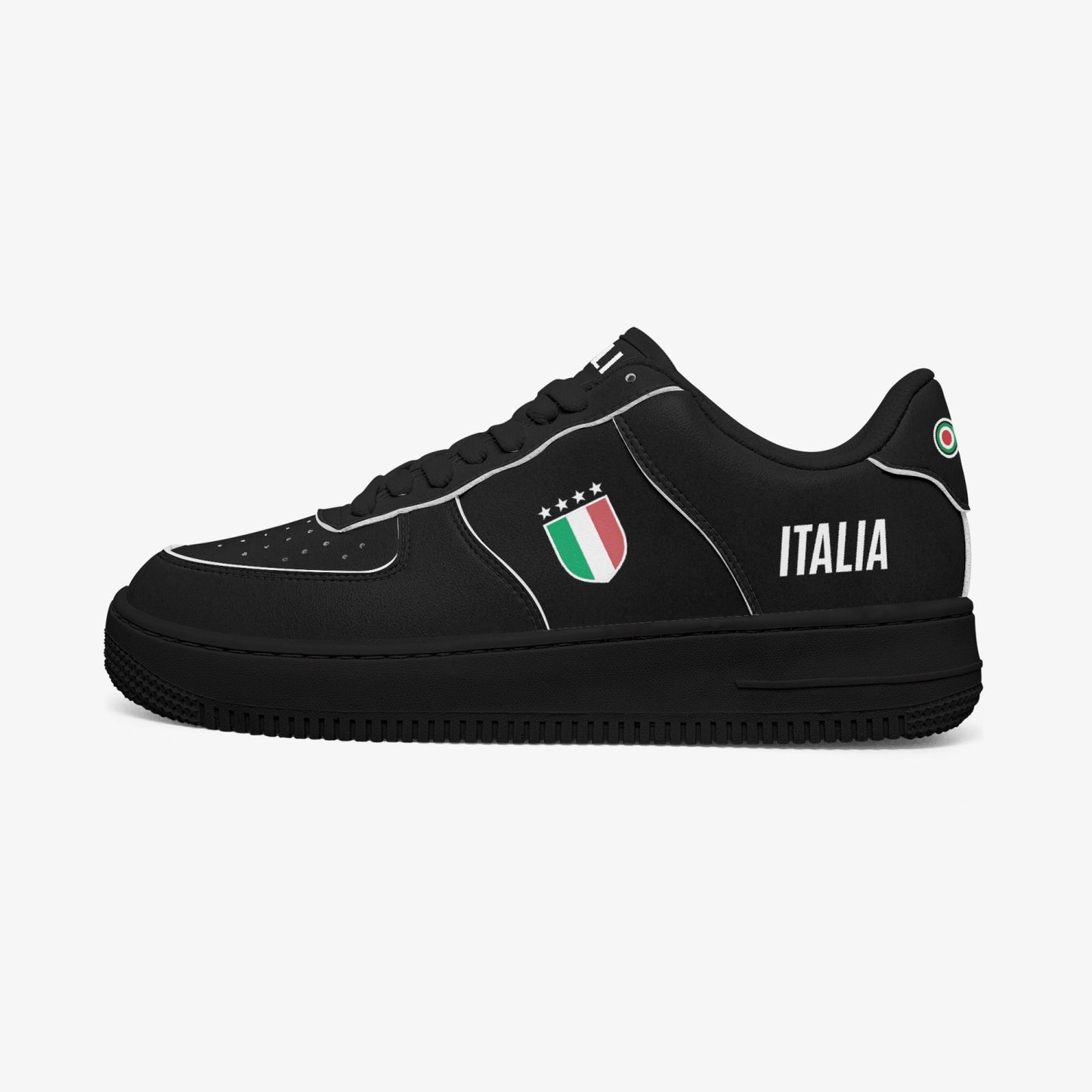 Italy Leather Sneakers - AF1 featuring a black design with a white logo, crafted from premium leather, ideal for Italian heritage enthusiasts seeking comfort and style.
