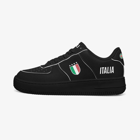Italy Leather Sneakers - AF1 featuring a black design with a white logo, crafted from premium leather, ideal for Italian heritage enthusiasts seeking comfort and style.