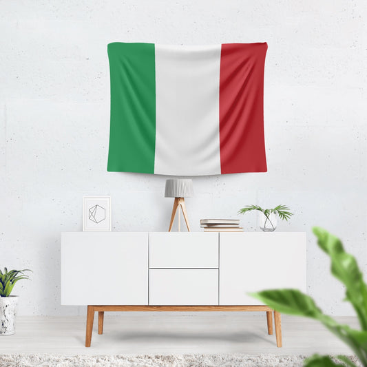 Italian Flag Tapestry displayed indoors, showcasing a soft polyester fabric, ideal for home decor. Available in two sizes for versatile indoor or outdoor use.